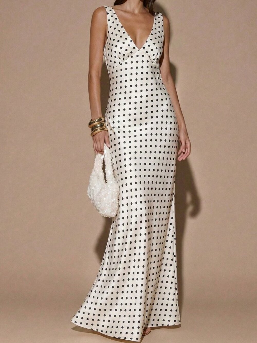 White Elegant Women's Polka Dot Satin V-Neck Backless Dress - Picture 3 of 6